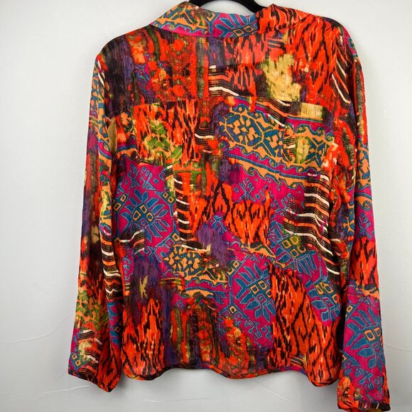 Chico's Silk Bright Abstract Mixed Printed Blouse Size 2 (L) Art to Wear  Artsy - Picture 7 of 7